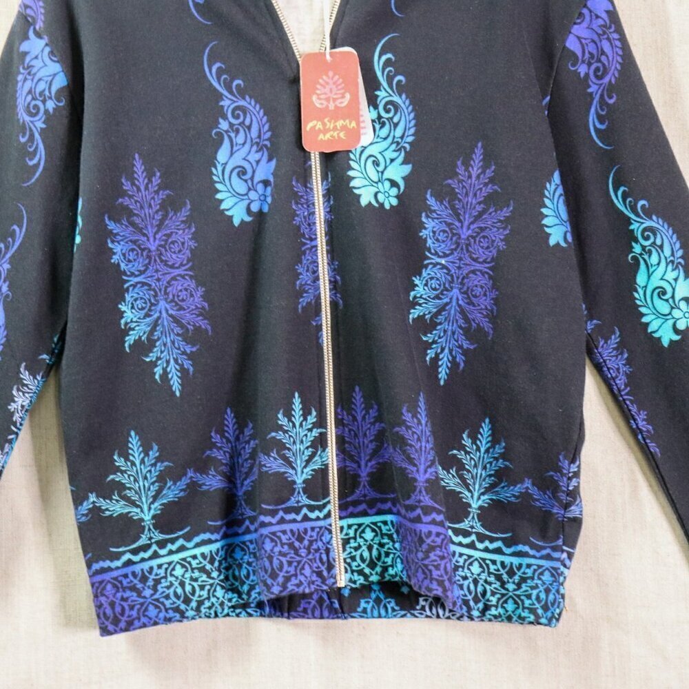 Pashma Arte Hoodie Women’s M Black Blue Cotton Fleece Hand Dyed Print NWT - Picture 3 of 16